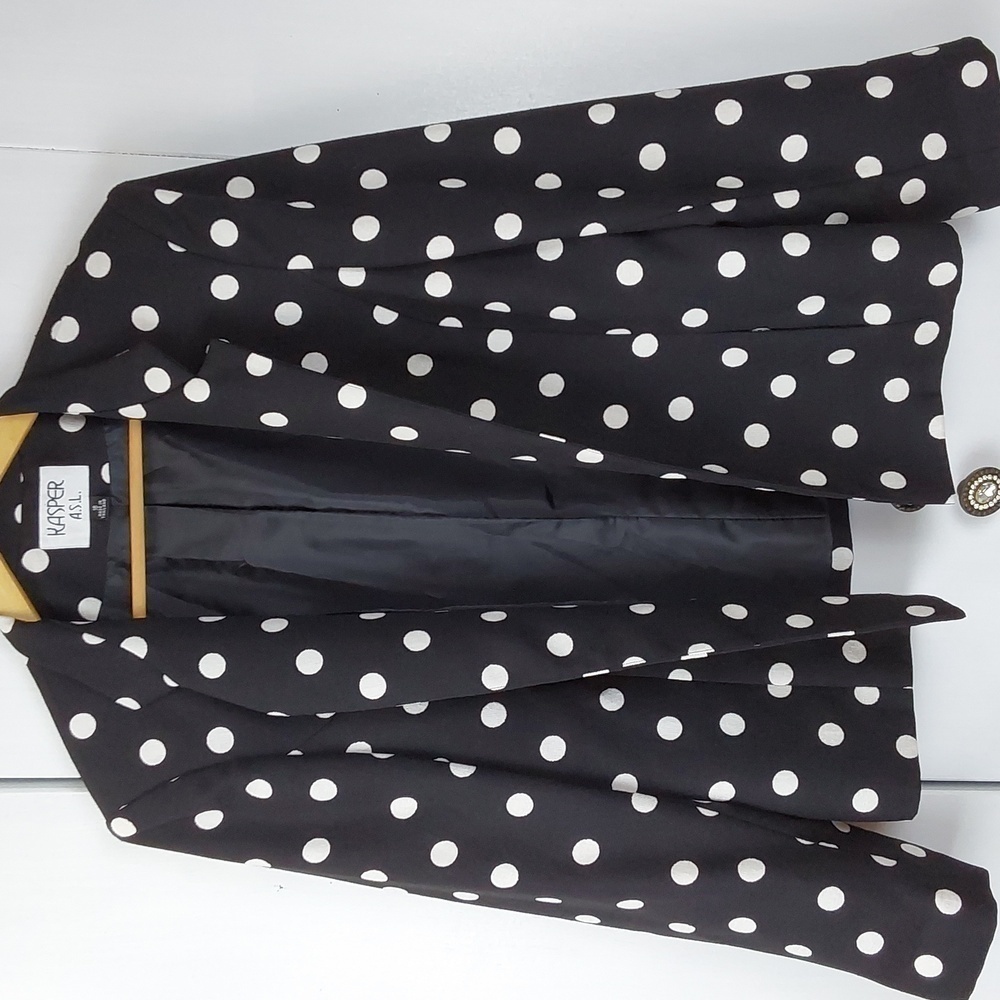 Kasper | Womens Black & White Polka-Dot Open Blazer Suit Jacket Preppy Sz.16